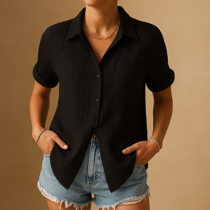 Gauze Short Sleeve Shirt with Chest Pocket in black