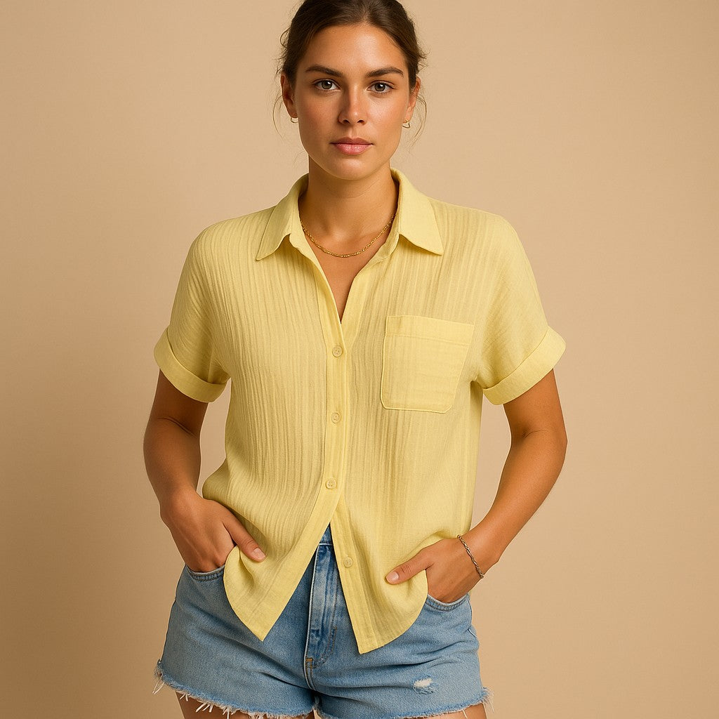 Gauze Short Sleeve Shirt with Chest Pocket in yellow
