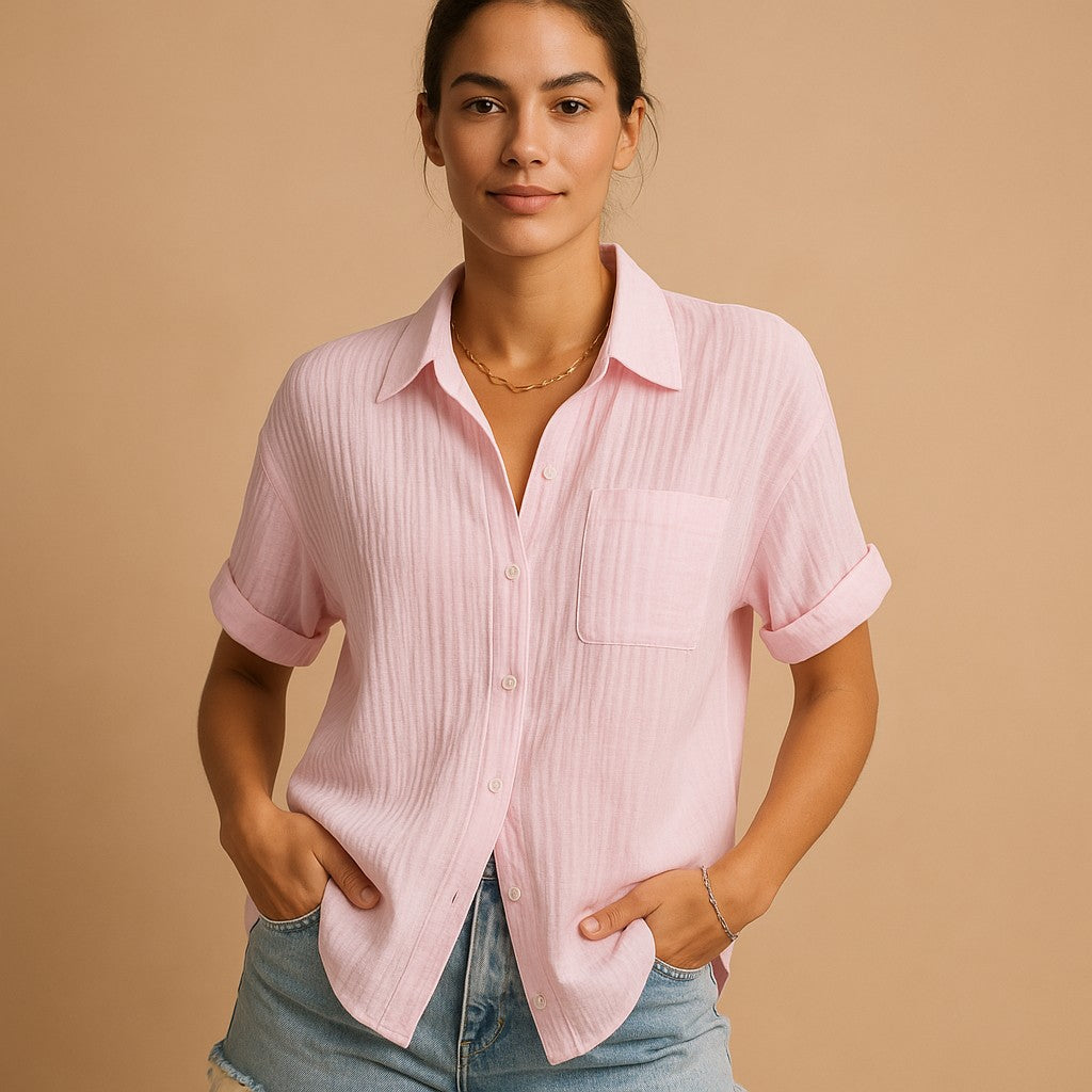 Gauze Short Sleeve Shirt with Chest Pocket in pink