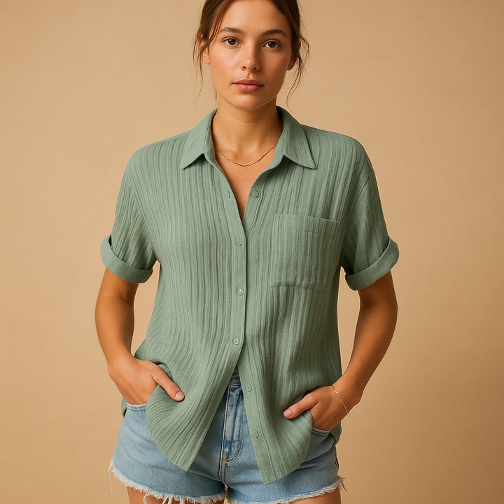 Gauze Short Sleeve Shirt with Chest Pocket in green