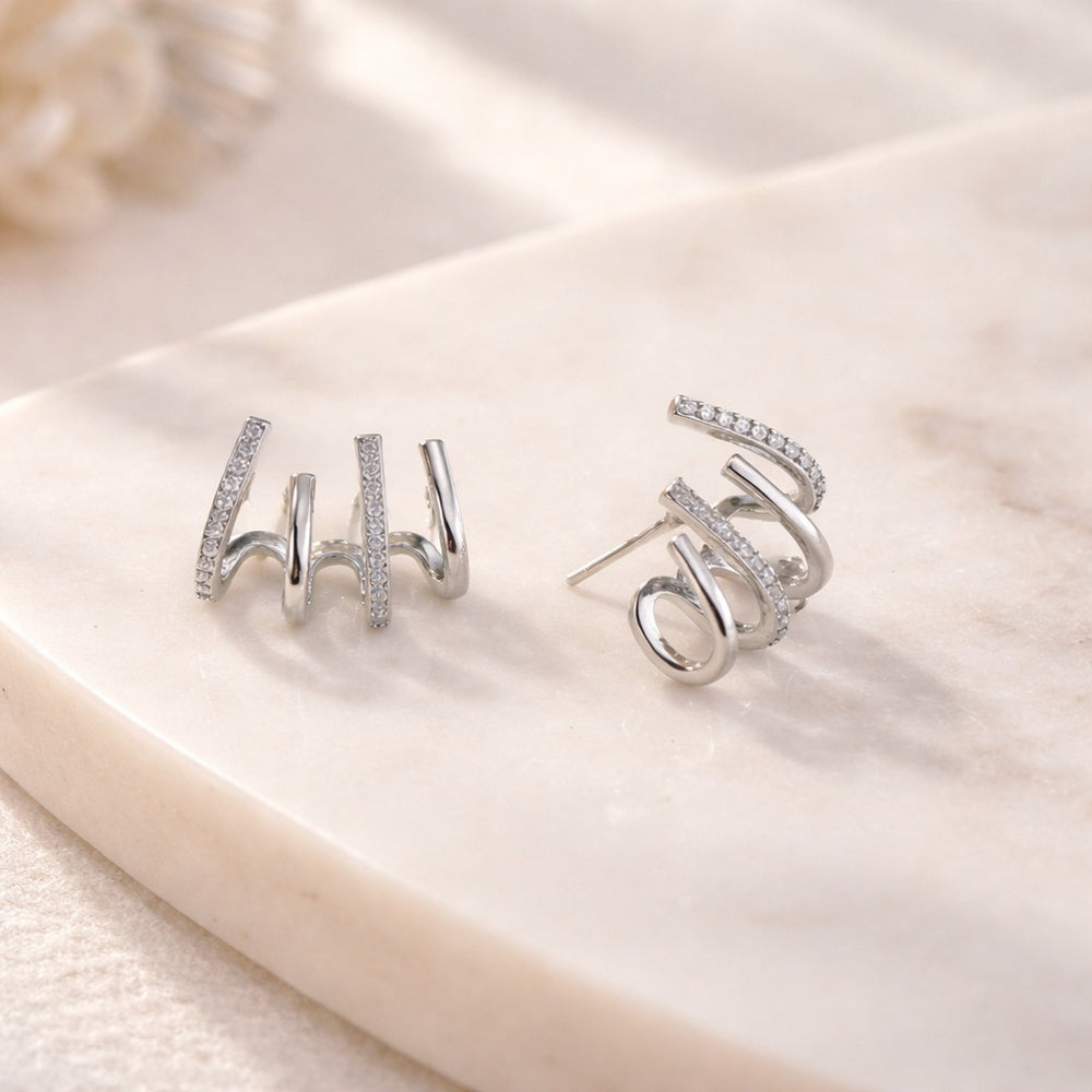 Spiral Gold Earrings with Pave Stones in silver