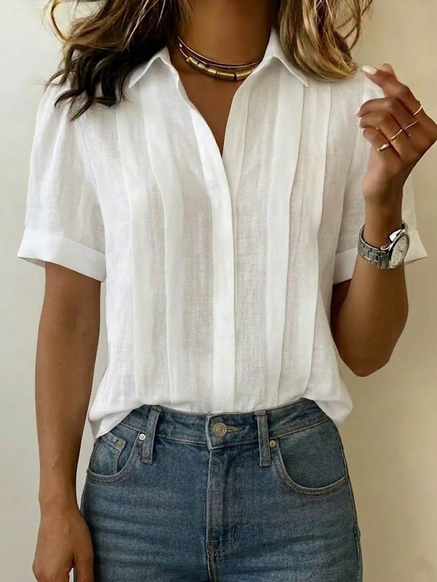 Linen Blouse with V Neck and Short Sleeves in white