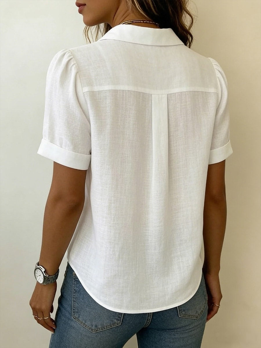 Linen Blouse with V Neck and Short Sleeves