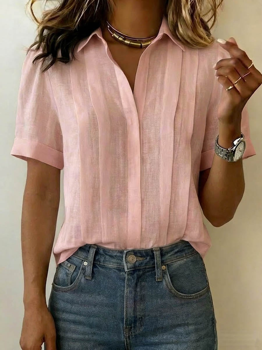 Linen Blouse with V Neck and Short Sleeves in pink