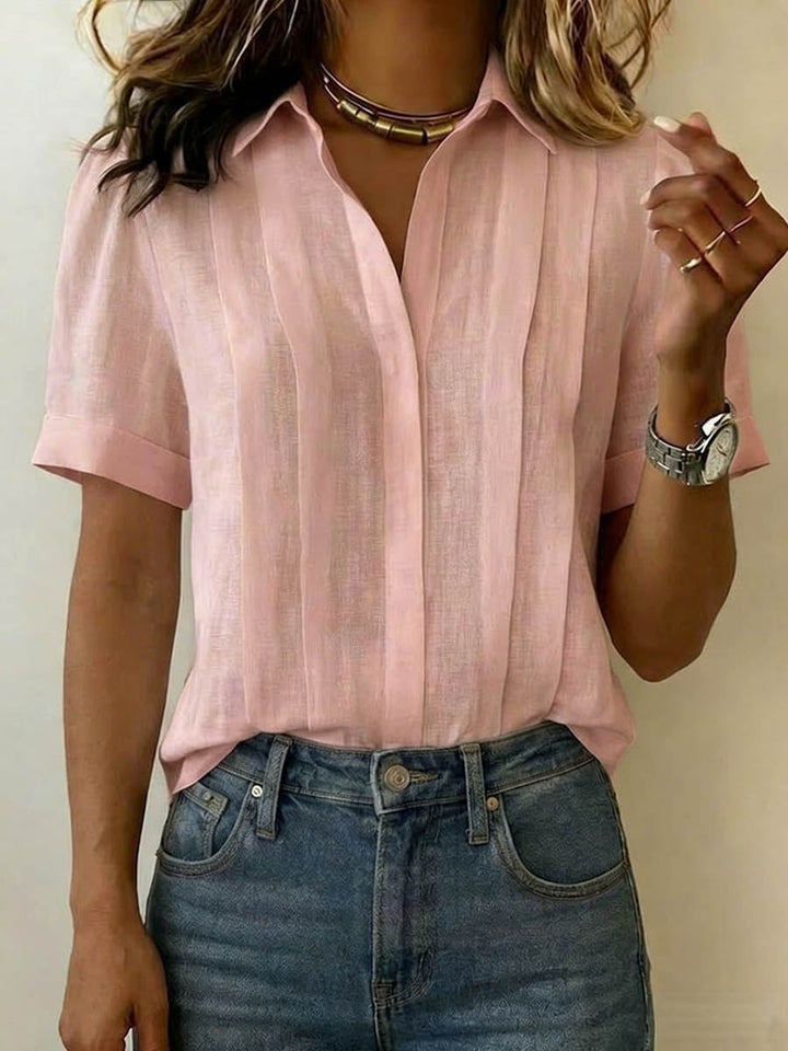 Linen Blouse with V Neck and Short Sleeves in pink
