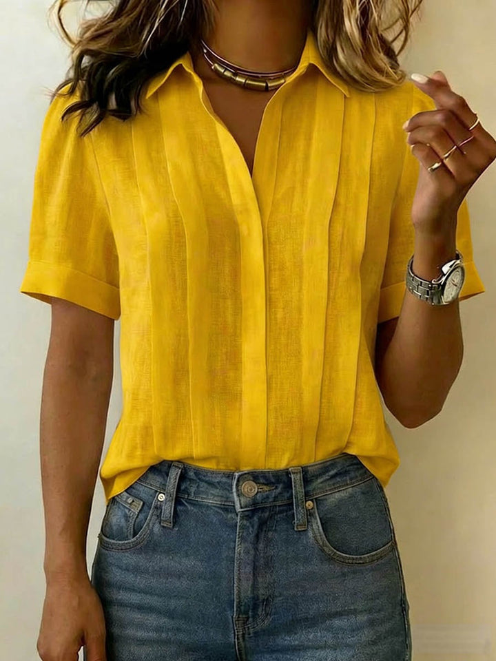 Linen Blouse with V Neck and Short Sleeves in yellow