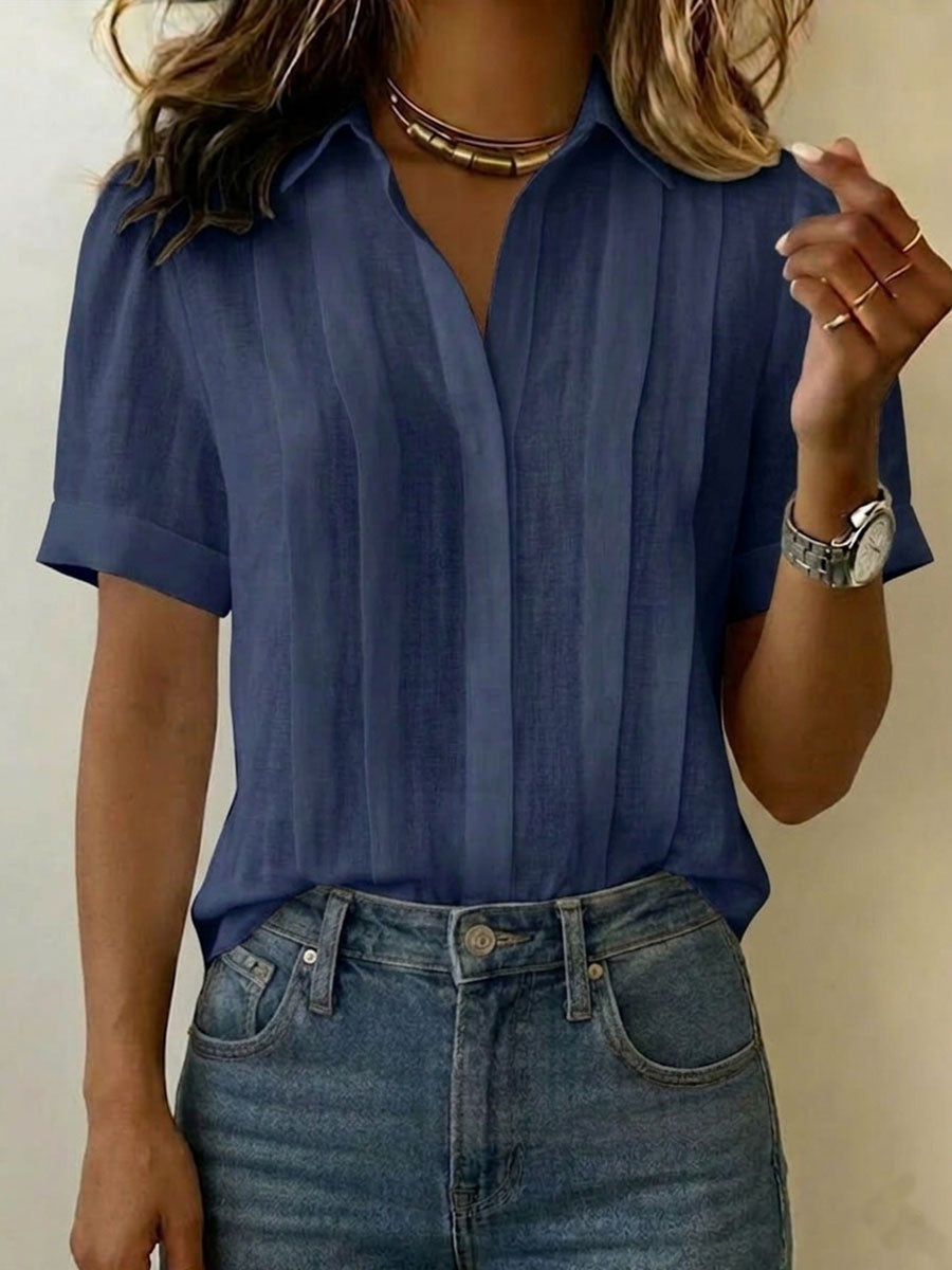 Linen Blouse with V Neck and Short Sleeves in navy blue