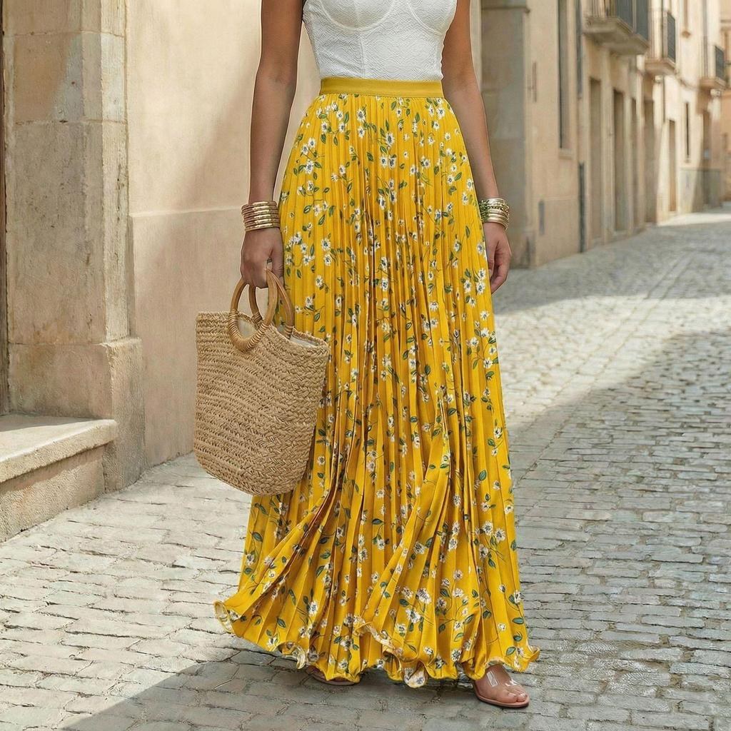Cassia — Floral Pleated Maxi Skirt, Avelony