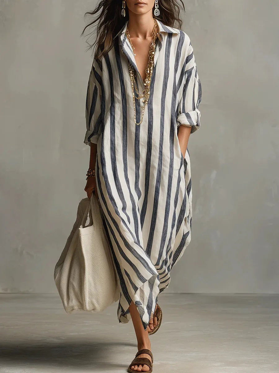 Striped Linen Maxi Dress with Oversized Shirt Collar in blue