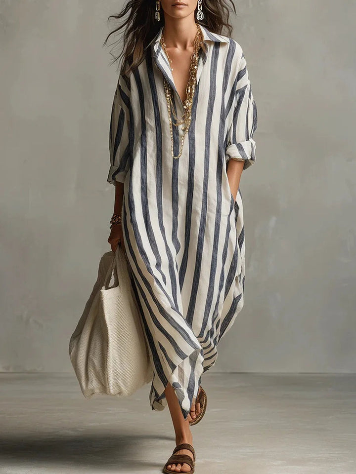 Striped Linen Maxi Dress with Oversized Shirt Collar in blue