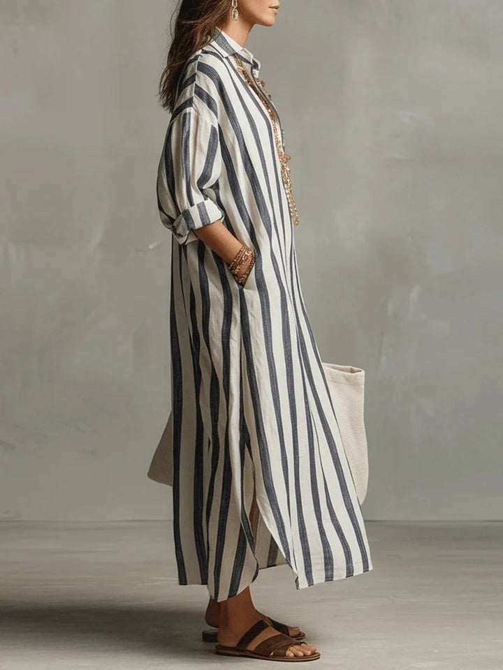 Striped Linen Maxi Dress with Oversized Shirt Collar