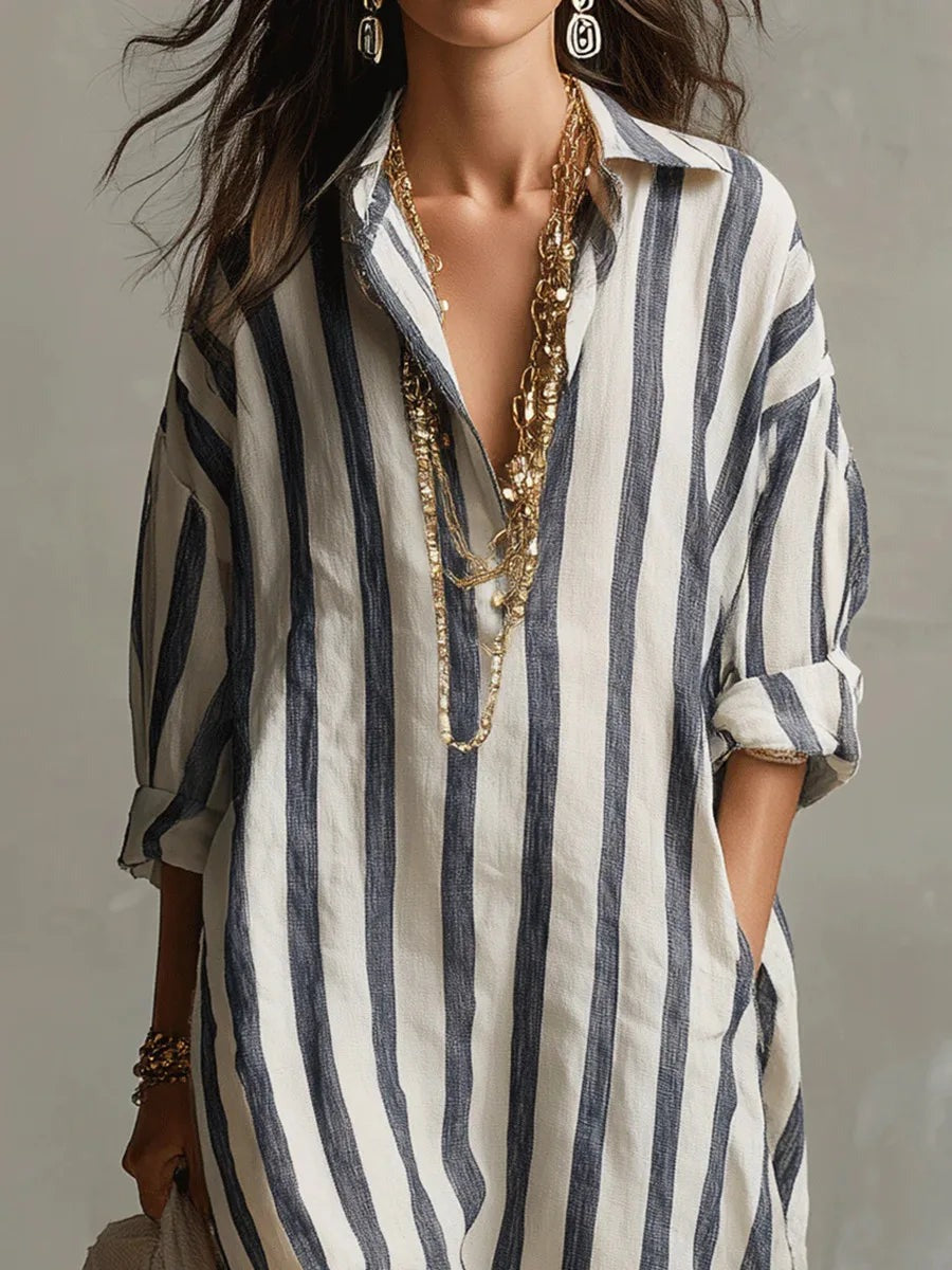 Striped Linen Maxi Dress with Oversized Shirt Collar