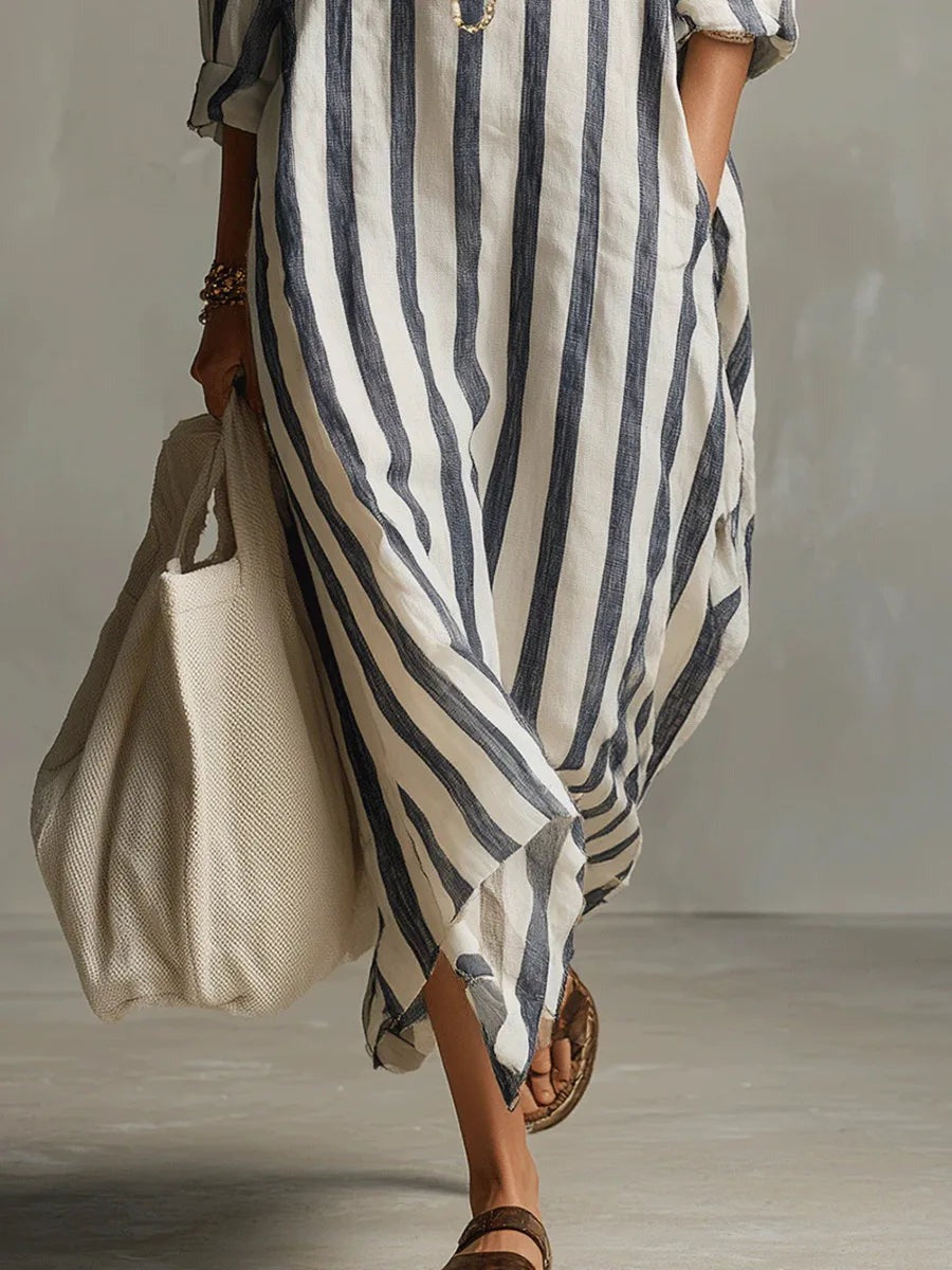 Striped Linen Maxi Dress with Oversized Shirt Collar