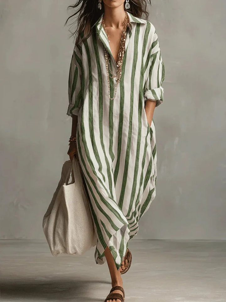 Striped Linen Maxi Dress with Oversized Shirt Collar in green