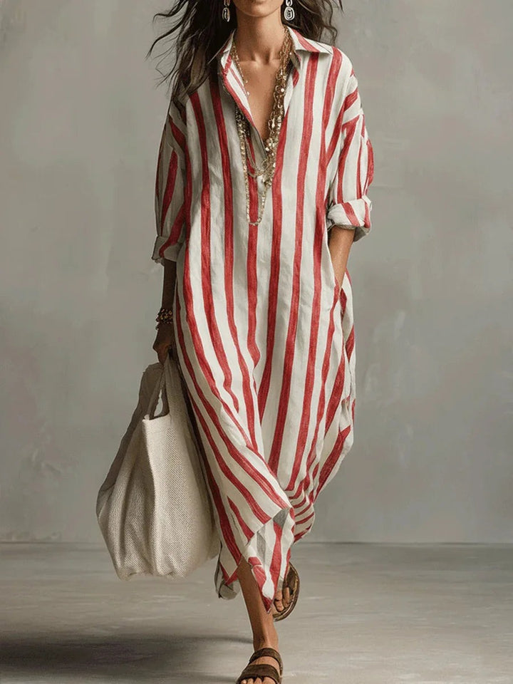 Striped Linen Maxi Dress with Oversized Shirt Collar in red
