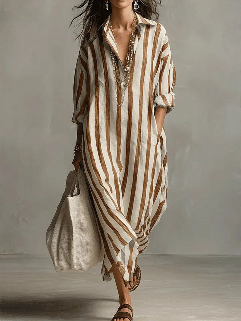 Striped Linen Maxi Dress with Oversized Shirt Collar in earthy yellow