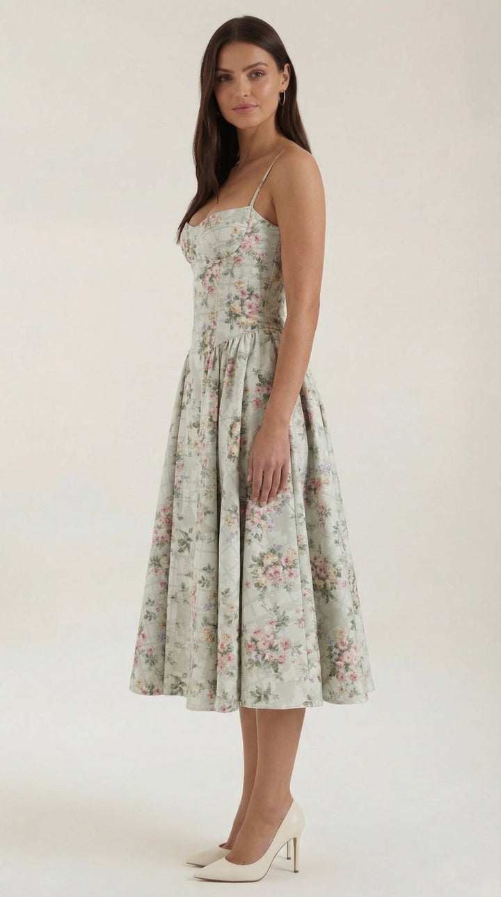 Perri — Corset Floral Midi Dress for Women