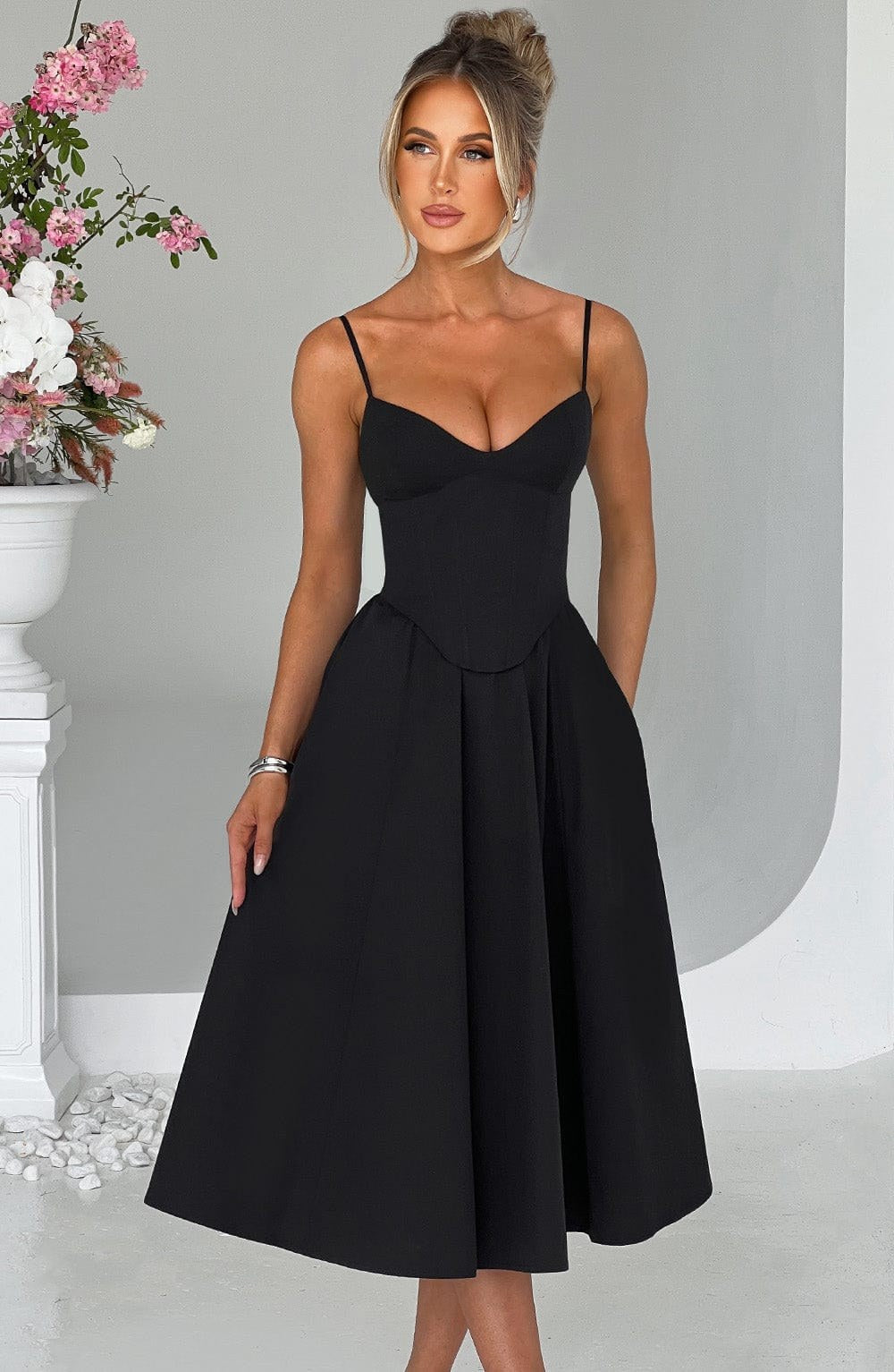 Verity — Corset Style Black Midi Dress for Women