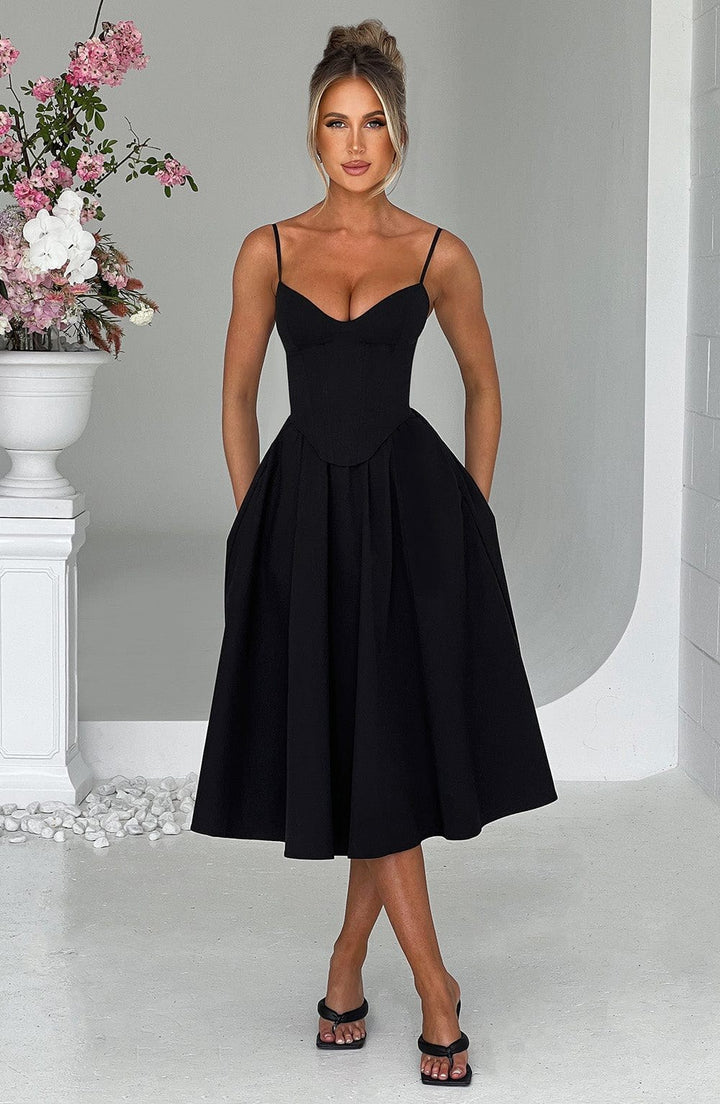 Verity — Corset Style Black Midi Dress for Women
