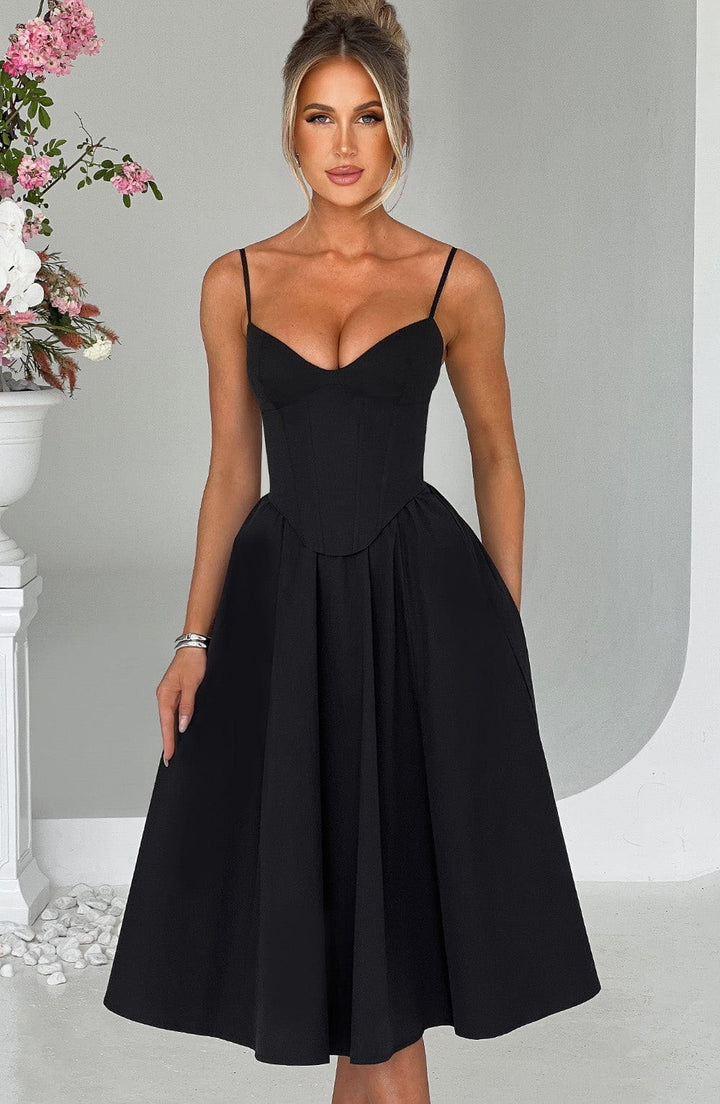 Verity — Corset Style Black Midi Dress for Women