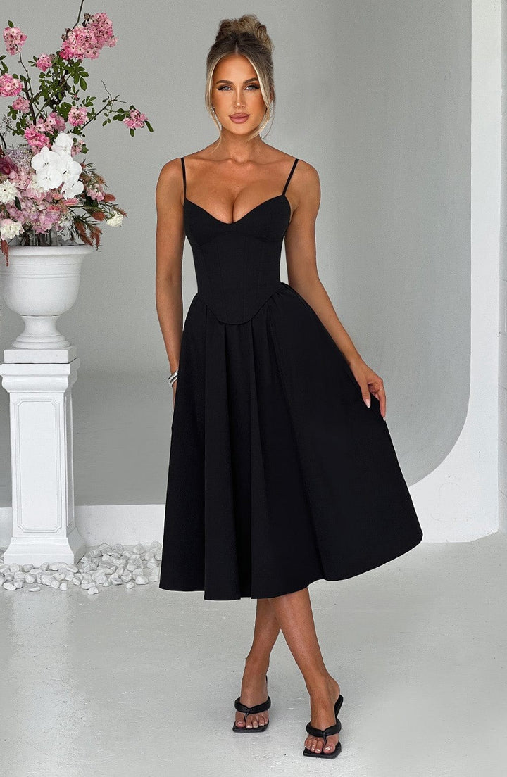 Verity — Corset Style Black Midi Dress for Women