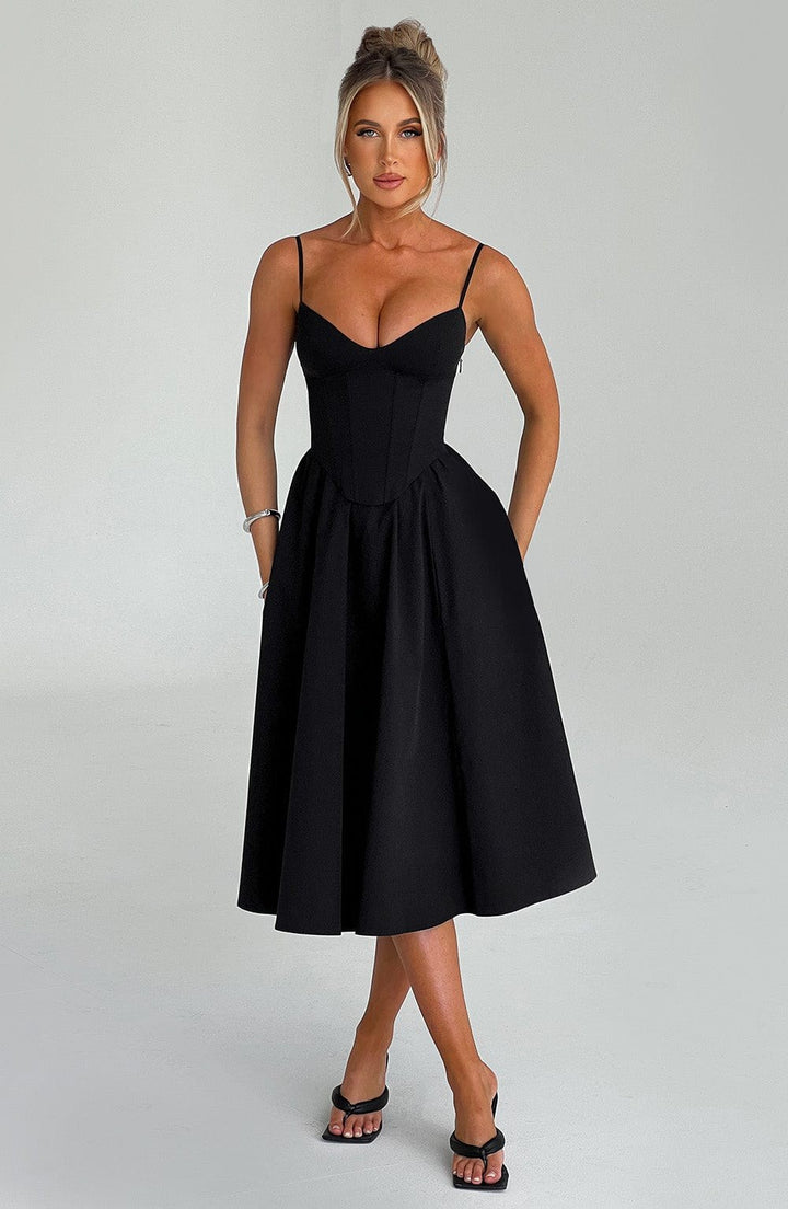 Verity — Corset Style Black Midi Dress for Women