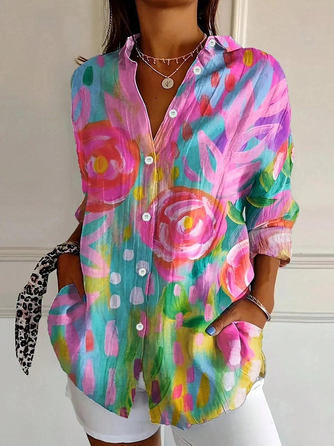 Abstract Print Button Front Blouse in pink
