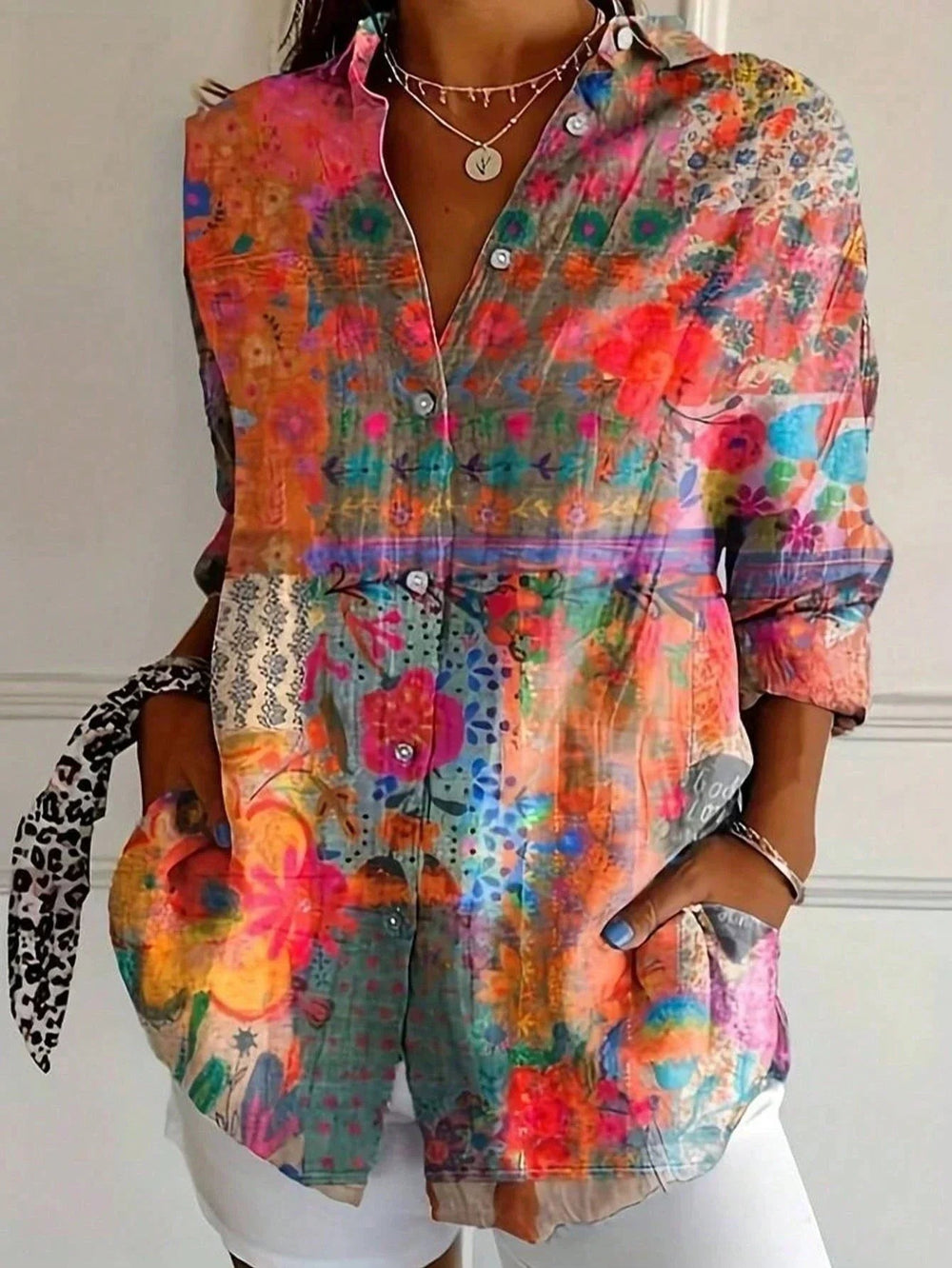 Abstract Print Button Front Blouse in orange