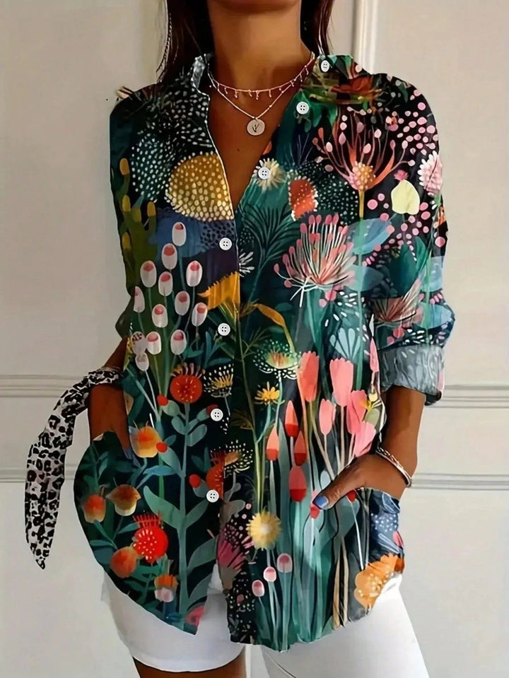 Abstract Print Button Front Blouse in green
