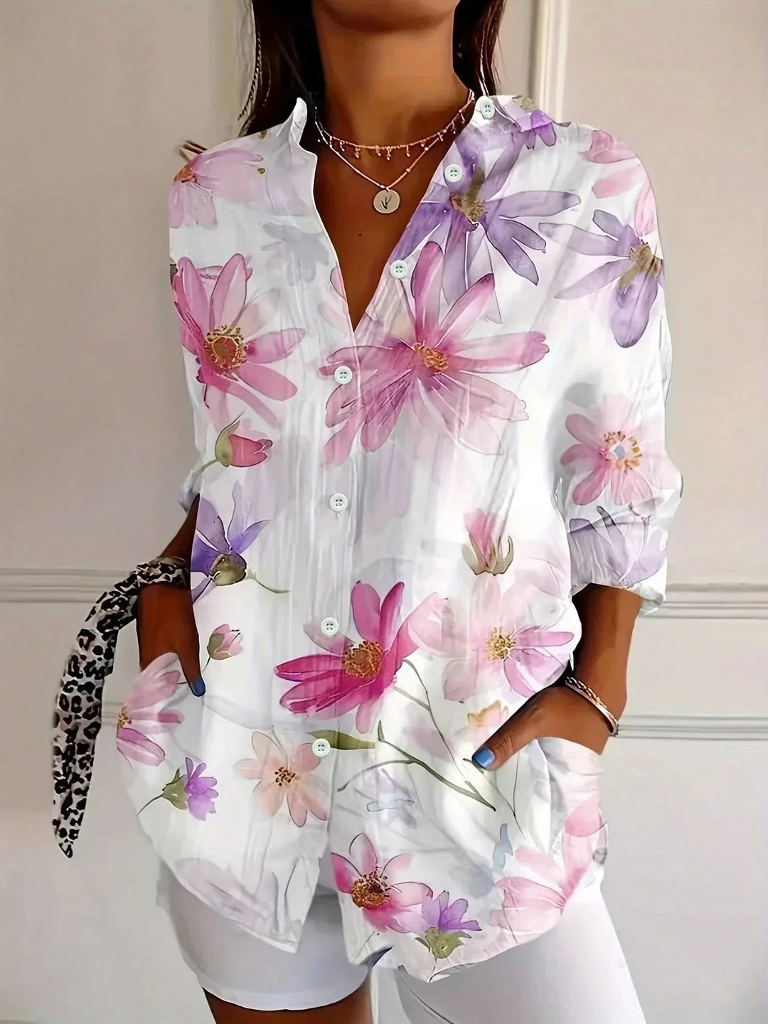 Abstract Print Button Front Blouse in white