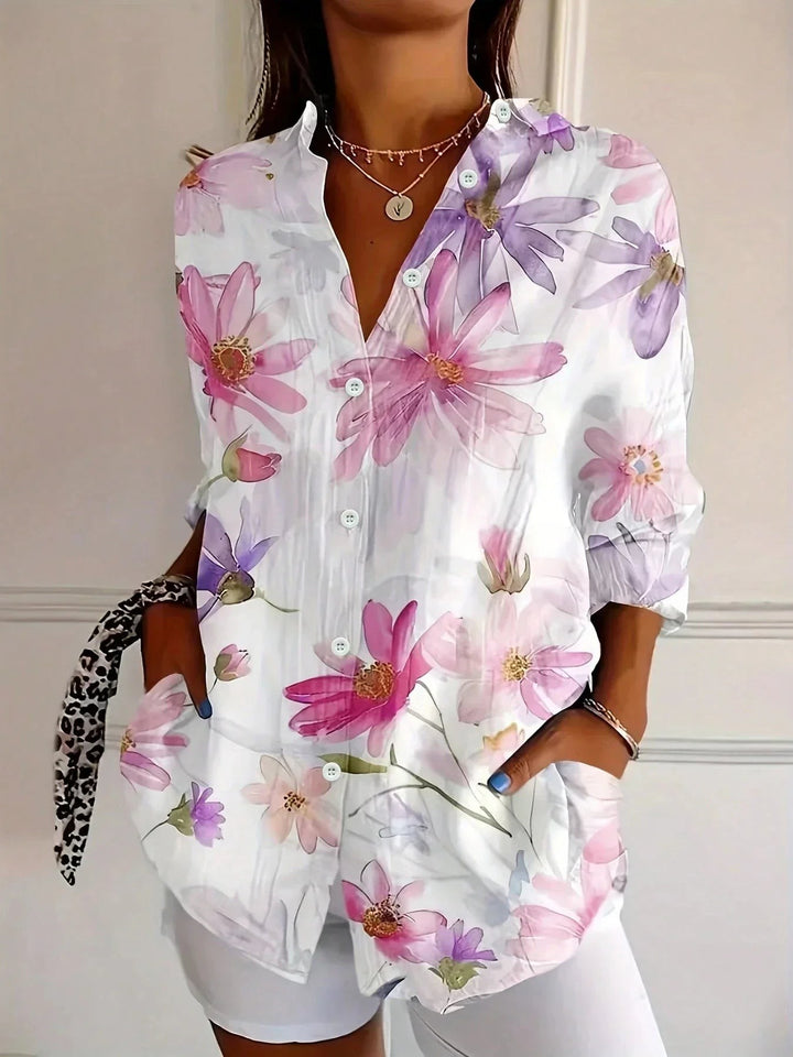Abstract Print Button Front Blouse in white