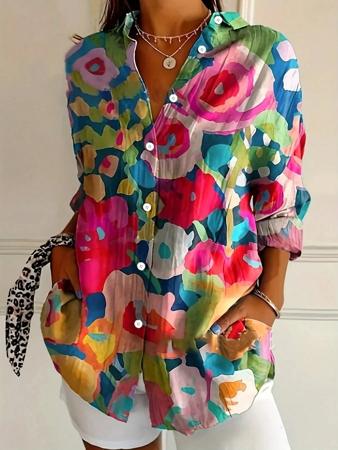 Abstract Print Button Front Blouse in multicolor a