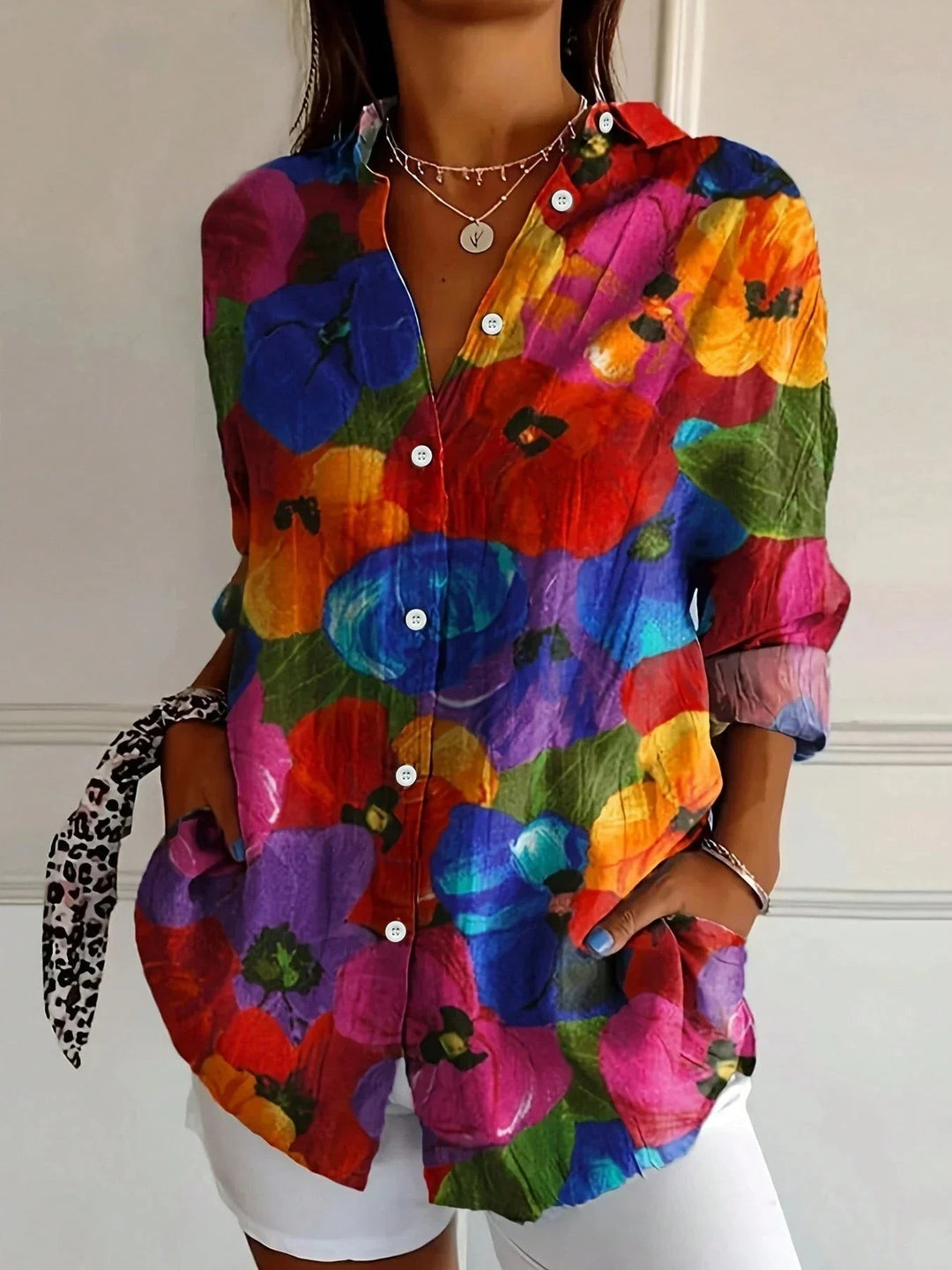 Abstract Print Button Front Blouse in multicolor b