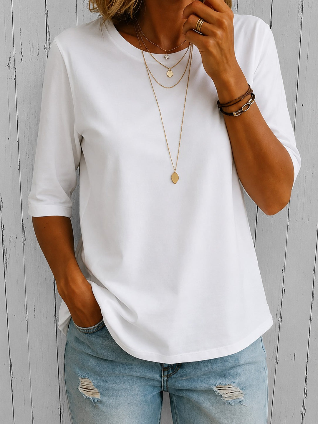 Half Sleeve Tee with Extra Arm Coverage in white