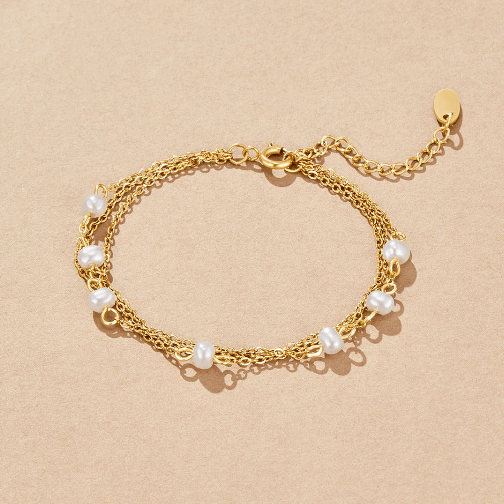 Freshwater Pearl Gold Bracelet with Double Chain in gold