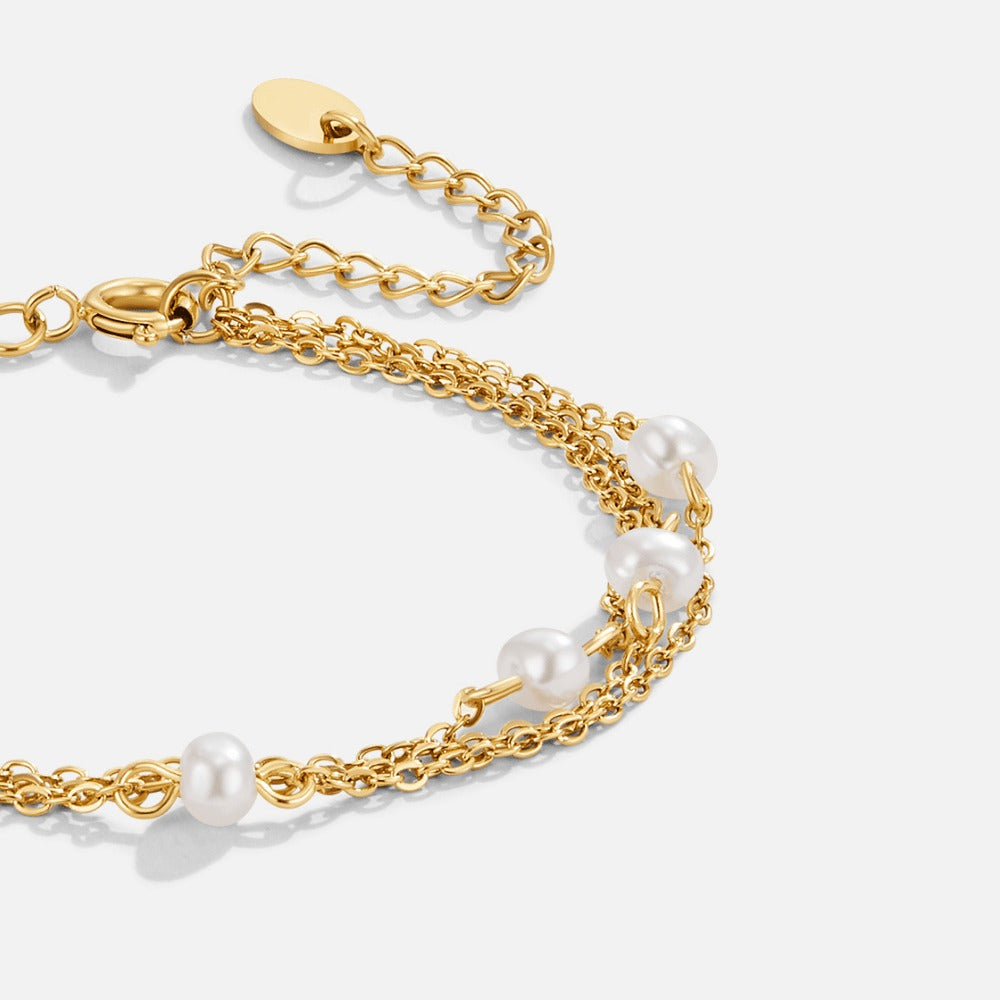 Freshwater Pearl Gold Bracelet with Double Chain
