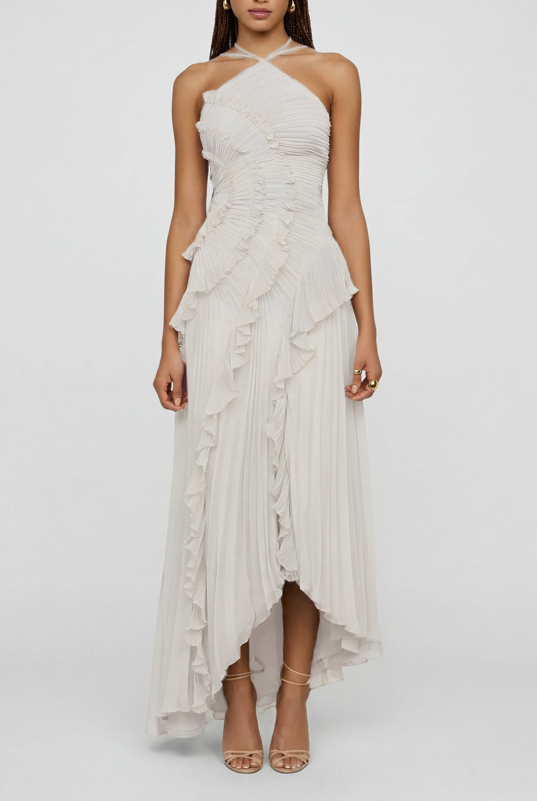 Halter Maxi Dress with Ruffle Trim and Open Back in ivory