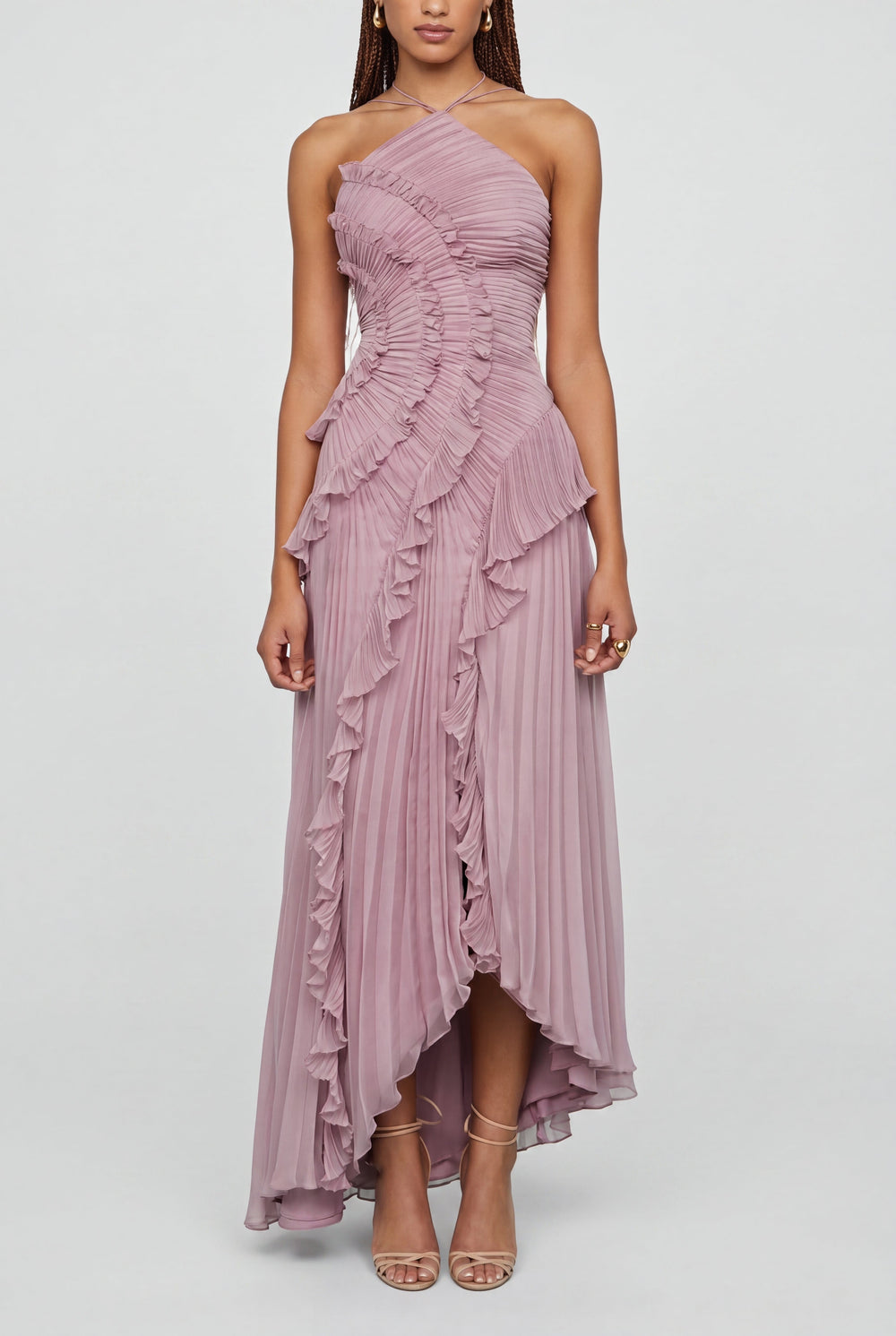 Halter Maxi Dress with Ruffle Trim and Open Back in pink