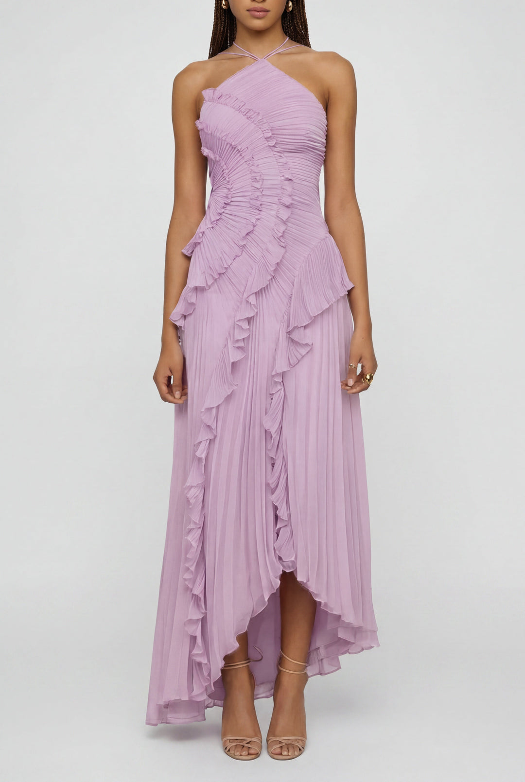 Halter Maxi Dress with Ruffle Trim and Open Back in purple