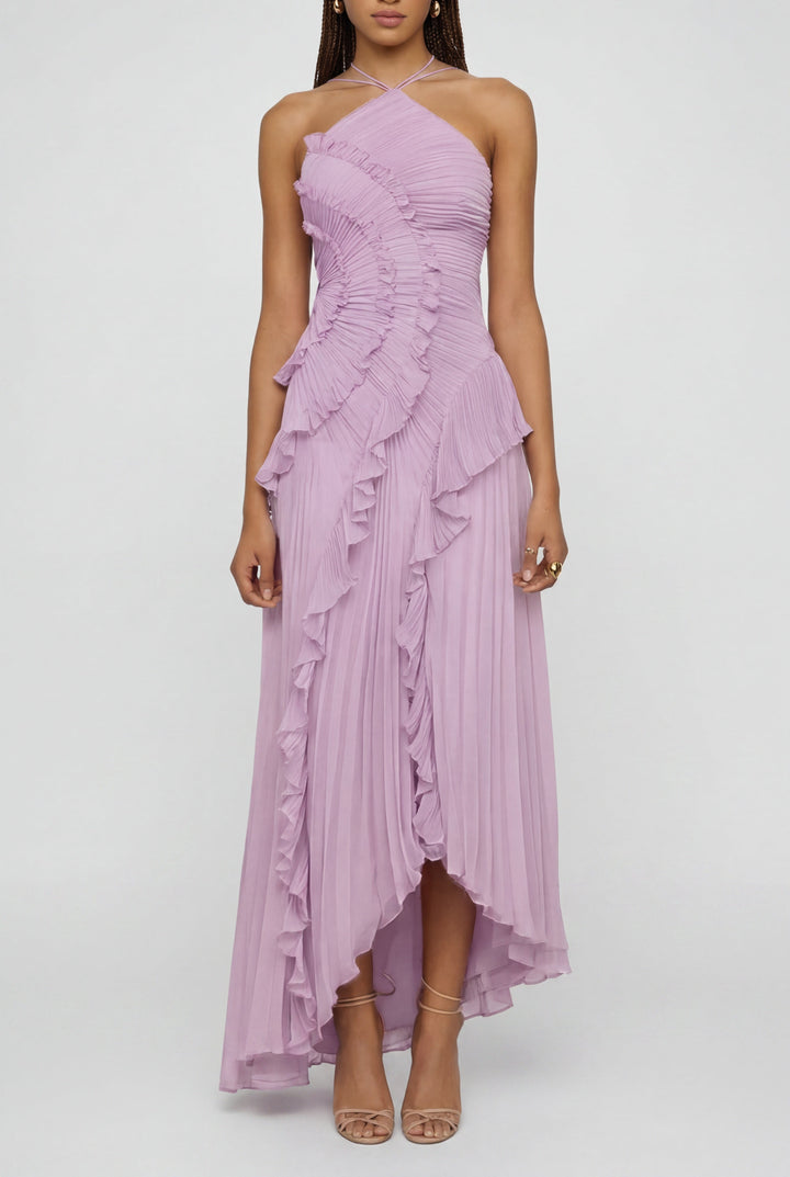 Halter Maxi Dress with Ruffle Trim and Open Back in purple