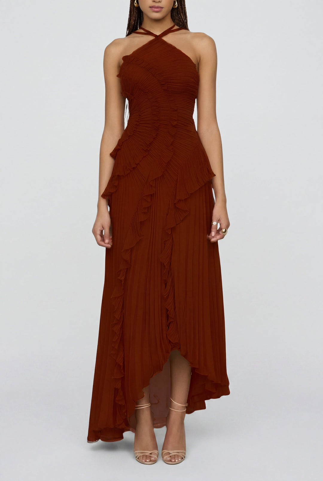 Halter Maxi Dress with Ruffle Trim and Open Back in wine red