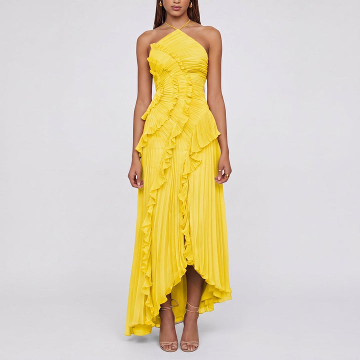 Halter Maxi Dress with Ruffle Trim and Open Back in yellow
