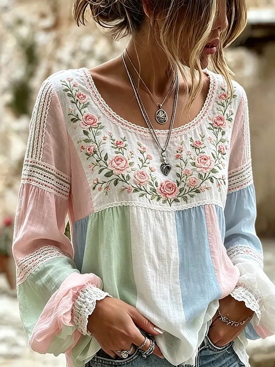 Embroidered Linen Blouse with Long Sleeves in multicolor