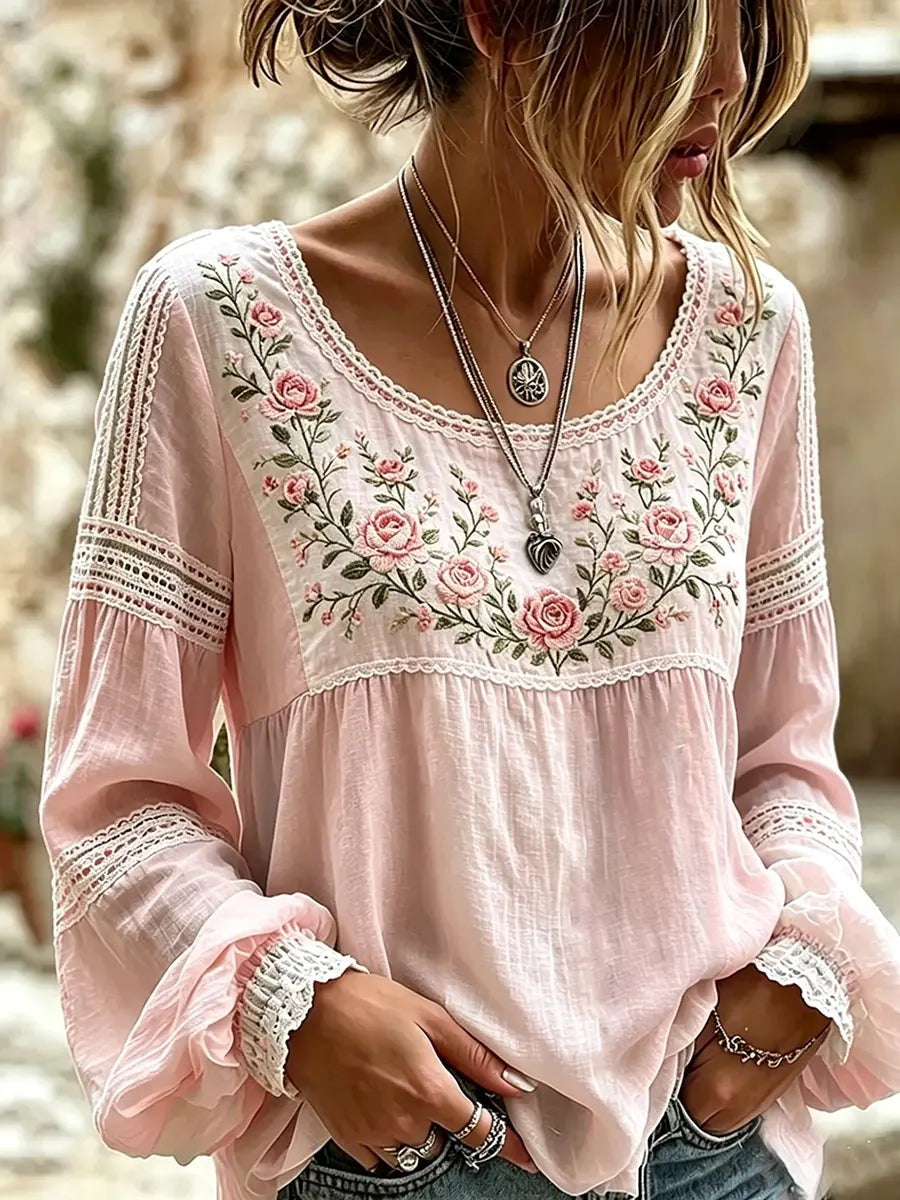 Embroidered Linen Blouse with Long Sleeves in pink