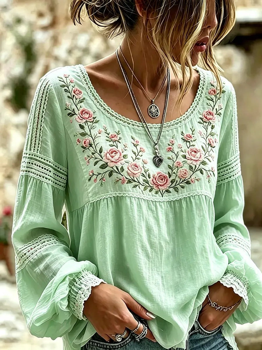 Embroidered Linen Blouse with Long Sleeves in green