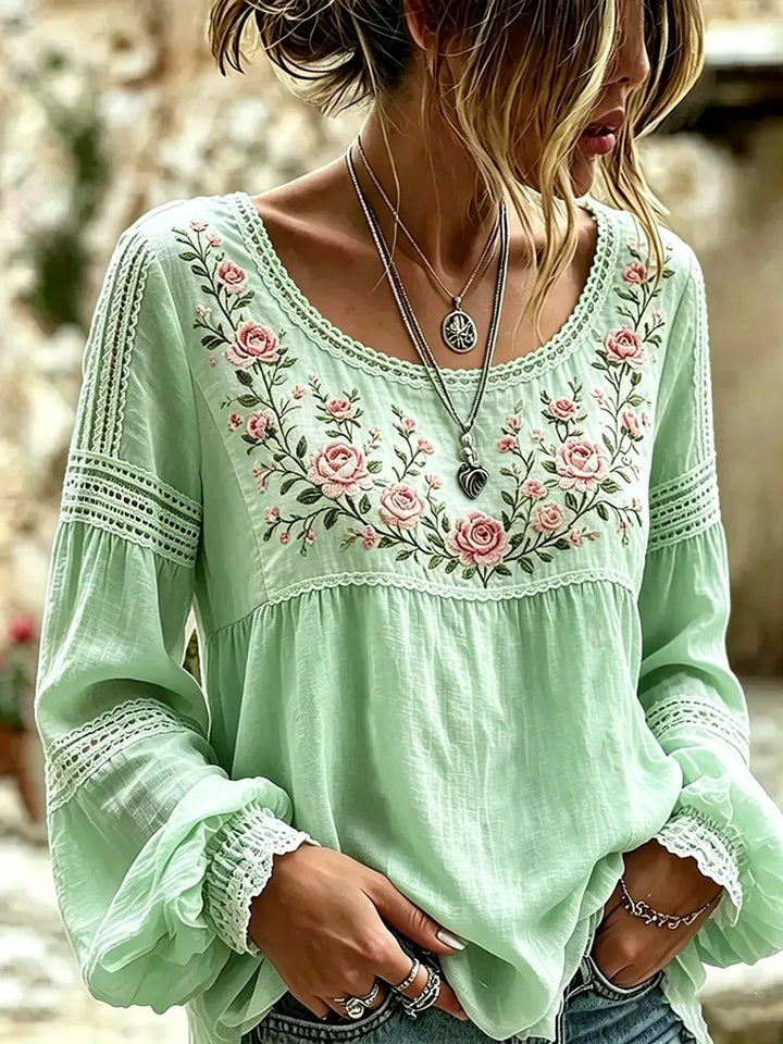 Embroidered Linen Blouse with Long Sleeves in green