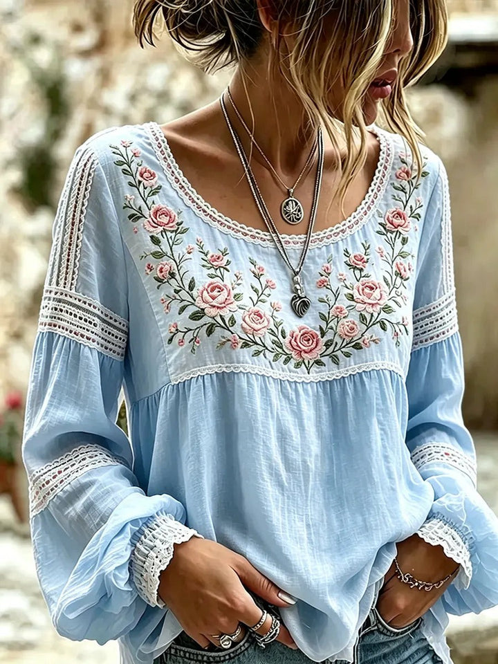 Embroidered Linen Blouse with Long Sleeves in blue