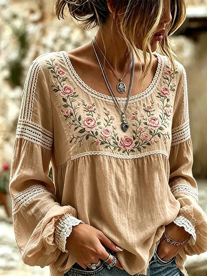 Embroidered Linen Blouse with Long Sleeves in khaki