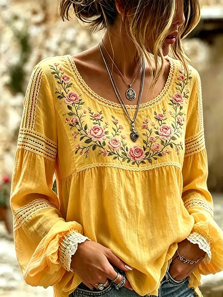 Embroidered Linen Blouse with Long Sleeves in yellow