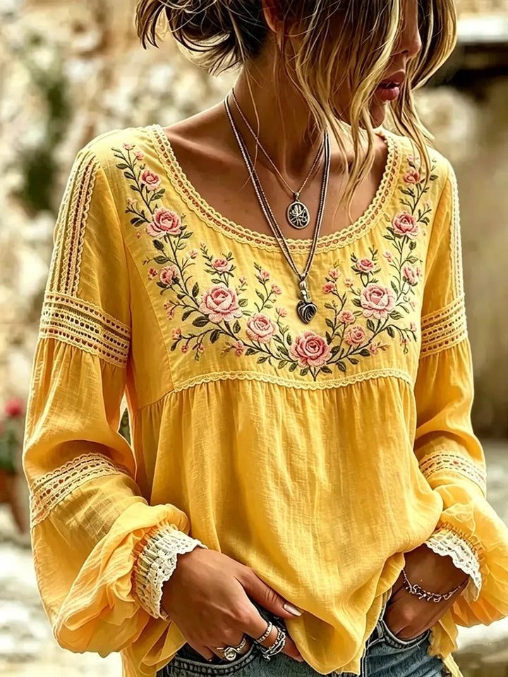 Embroidered Linen Blouse with Long Sleeves in yellow